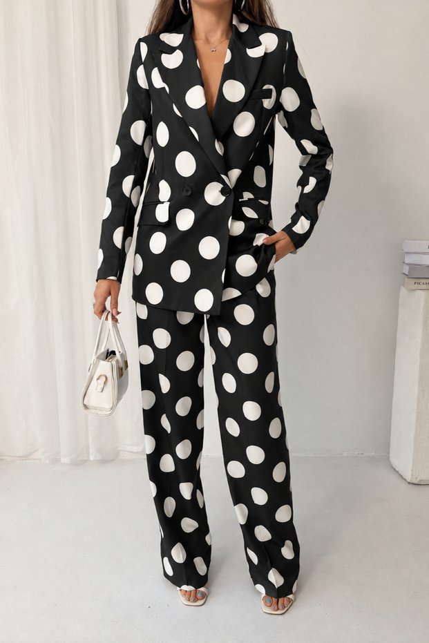 Women's Black 80S Polka Dot Blazer Jacket Pants Set Nj202