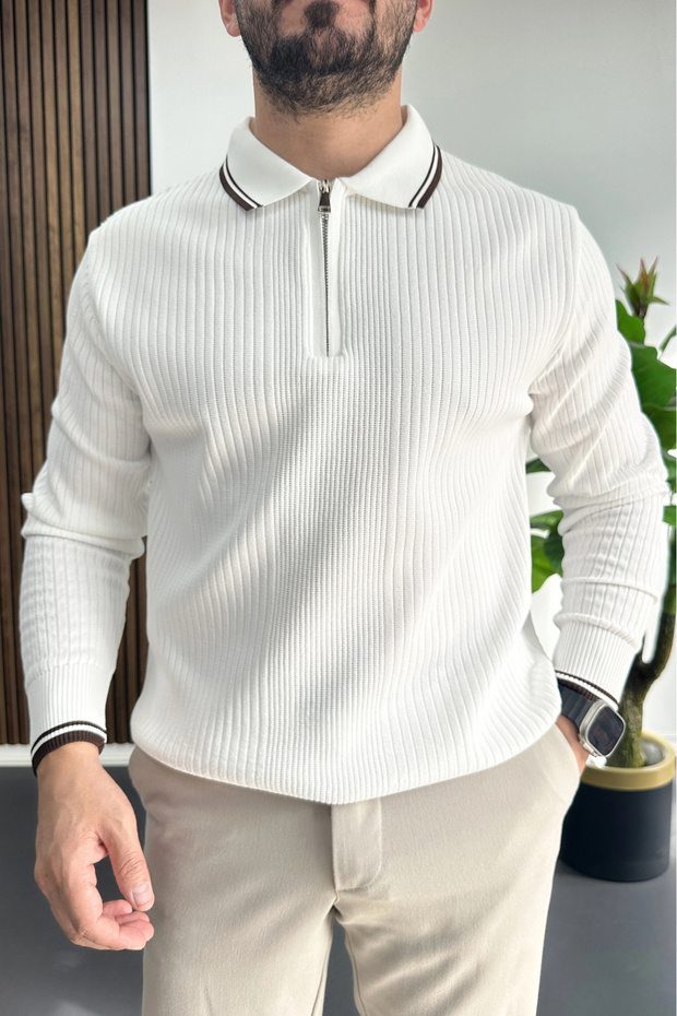 Men's Collar Detailed Zippered Sweater White Edw526