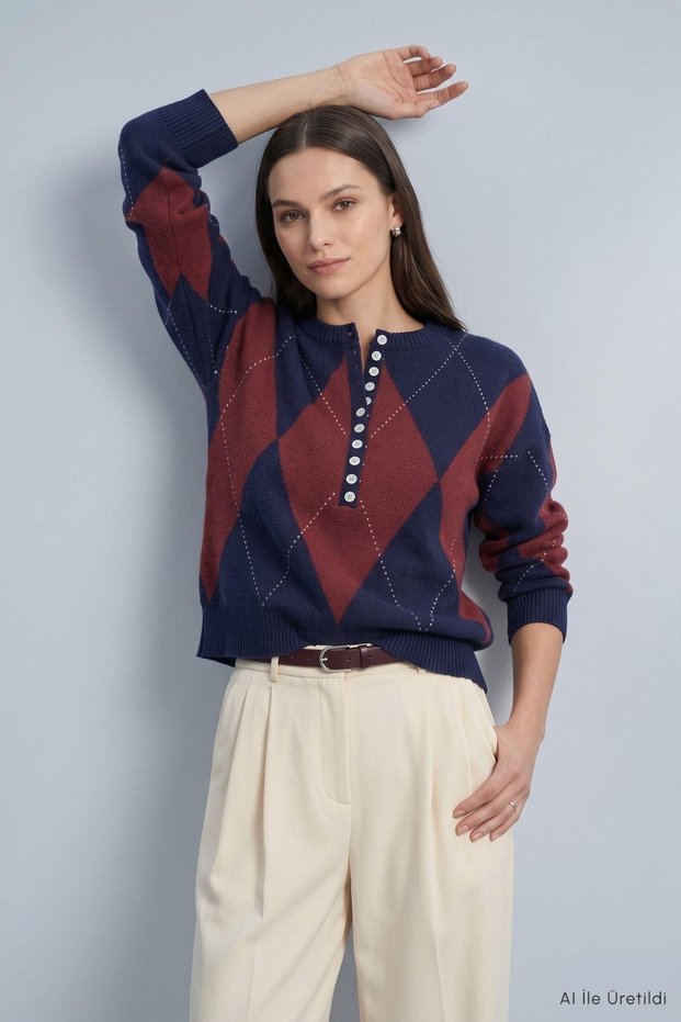 Buttoned Diamond Pattern Sweater 2540 Laci