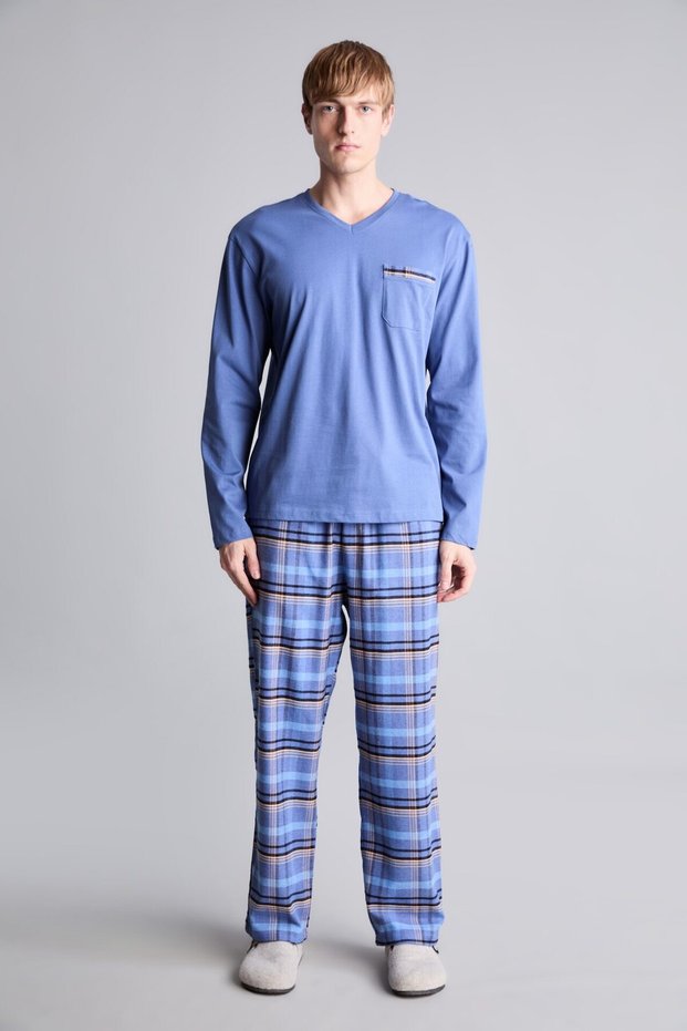 100% Cotton New Regular Fit V-Neck Checkered Long Sleeve 2-Piece Flannel Set H9666Ax26Au