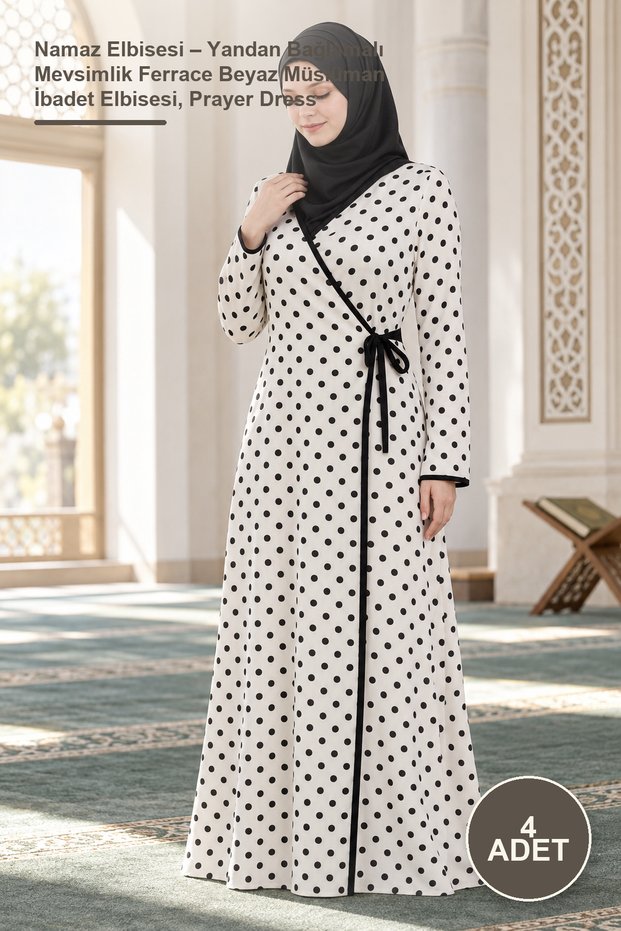 4 Pieces Prayer Dress – Seasonal Ferrace White Muslim Worship Dress with Side Ties, Prayer Dress