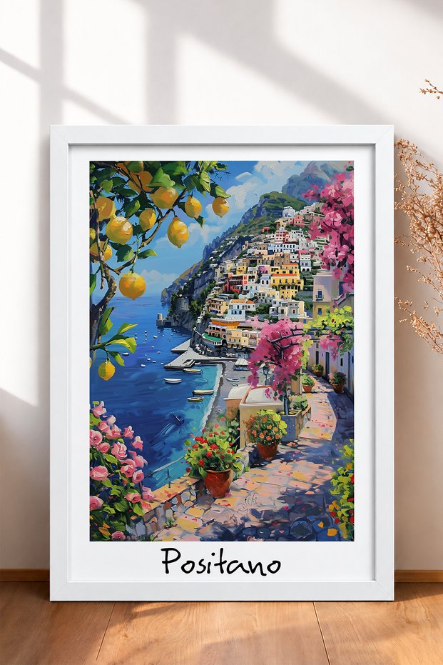 Positano Bougainvillea and Lemon Patika Framed Painting Italy Poster Living Room Kitchen Wall Decor Itp043