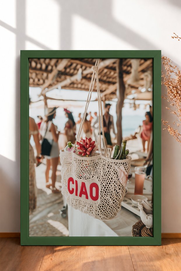 Ciao Written Knitted Bag and Beach Bar Framed Painting Italy Poster Living Room Kitchen Wall Decor Itp019
