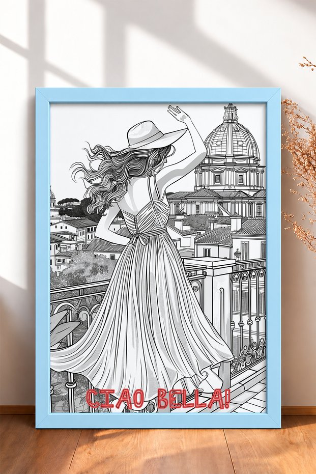 Ciao Bella Written Balcony Woman with Hat Framed Painting Italy Poster Wall Decor Itp020