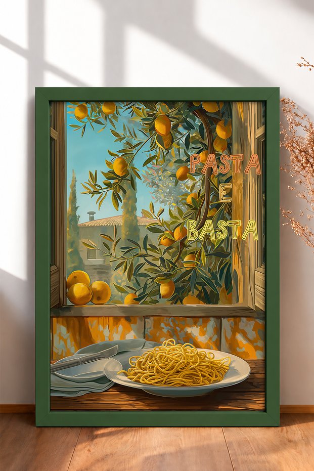 Pasta E Basta Lemon in Window Spaghetti Framed Painting Italy Poster Wall Decor Itp024