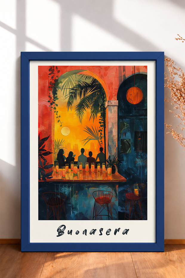 Buonasera Written Sunset Bar Framed Painting Italy Poster Living Room Kitchen Wall Decor Itp018
