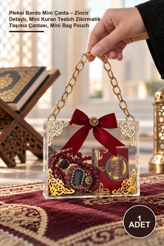 1 Piece of Plexi Burgundy Mini Bag – with Chain Detail, Mini Quran Prayer Beads Zikirmatik Carrying Bag, Mini Bag Pouch