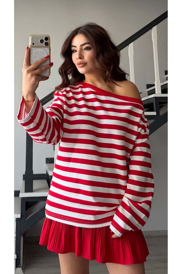 Red and White Striped Off-Shoulder Blouse