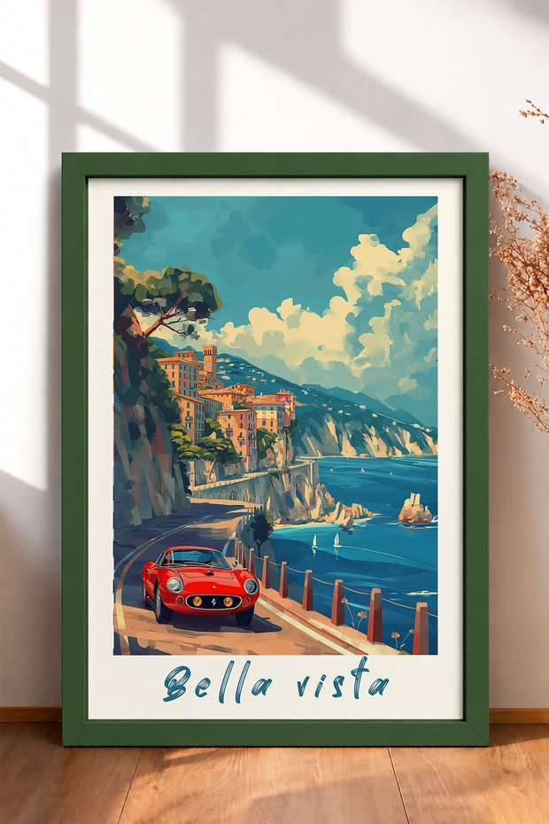 Bella Vista Written Red Classic Car Framed Painting Italy Poster Wall Decor Itp030