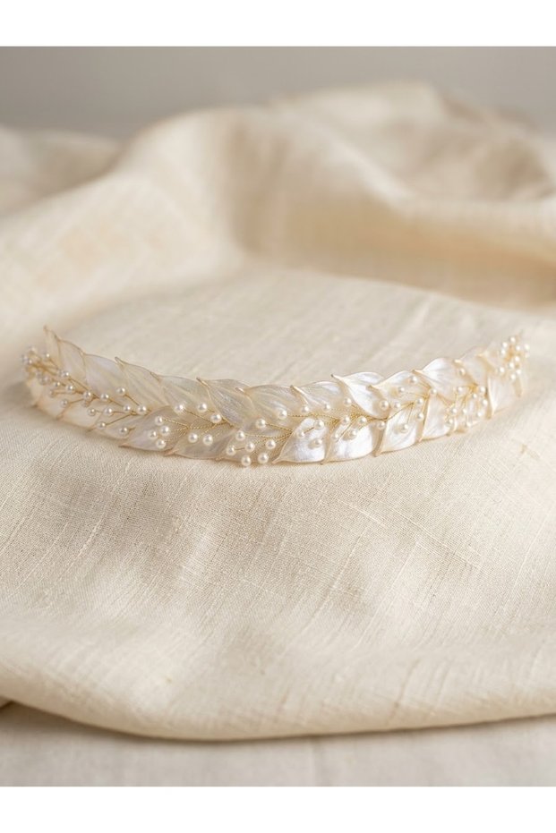 Helen Model Gold Detailed White Bridal Crown (30cm)-Wedding-Engagement-Marriage-Hair Accessory