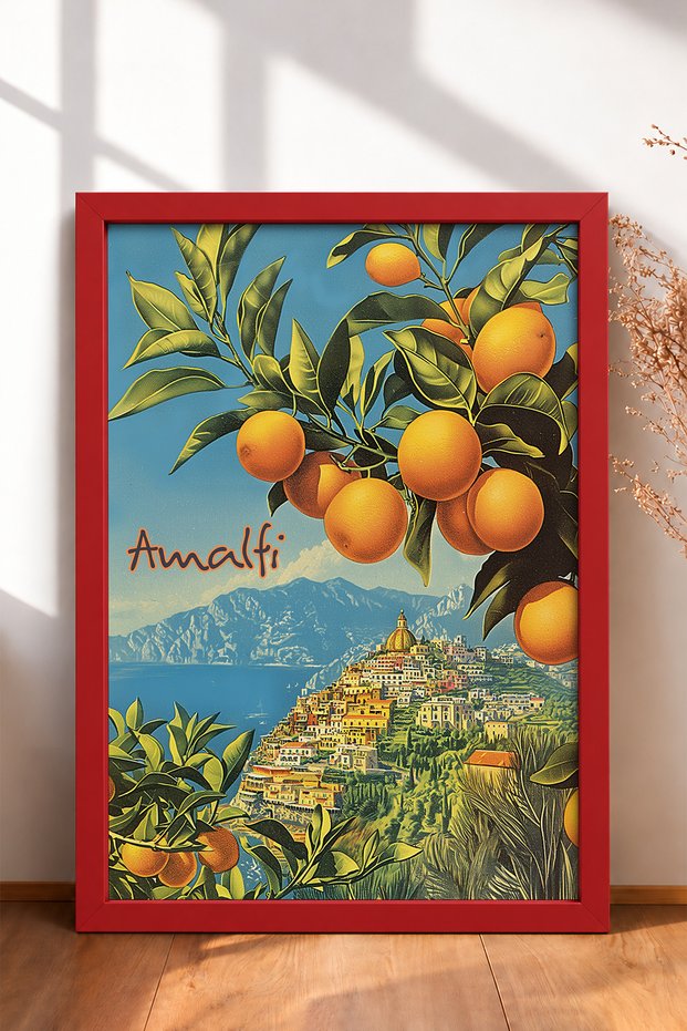 Orange Branches and Amalfi Coast Framed Painting Italy Poster Living Room Kitchen Wall Decor Itp012