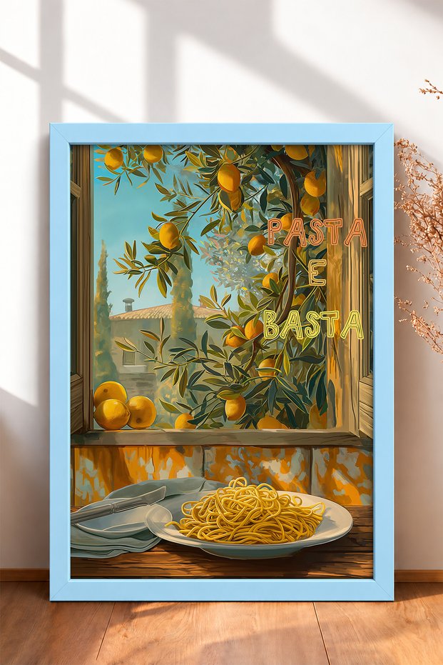 Pasta E Basta Lemon in Window Spaghetti Framed Painting Italy Poster Wall Decor Itp024