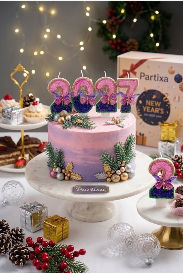 2027 New Year Special Butterfly Detailed Pink-Purple Number Cake Candle Set Saremset