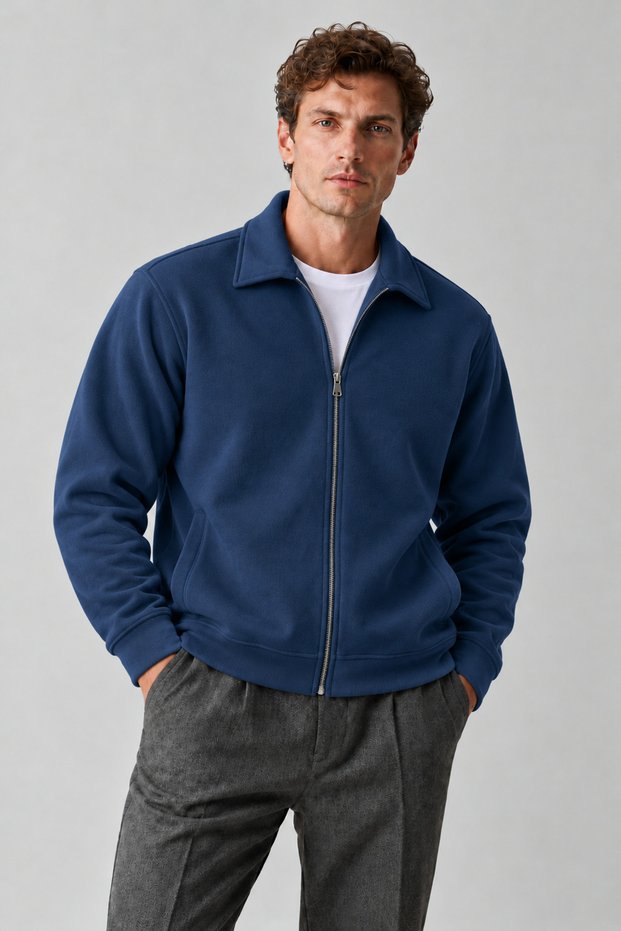 Men's Comfortable Navy Blue Cardigan with Fleece Inside