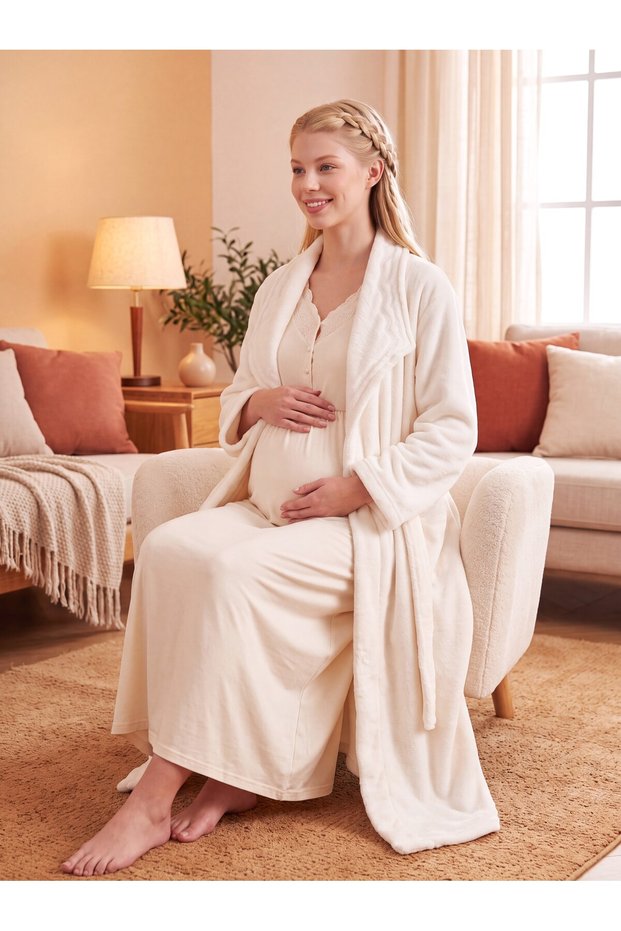 New Season Ecru Shawl Collar Winter Full-Length Buttoned Breastfeeding-Friendly Design Long Sleeve Maternity Fleece Dressing Gown Nightgown Set