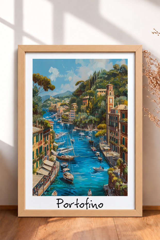 Portofino Sailboats on the Sea Framed Painting Italy Poster Living Room Kitchen Wall Decor Itp035