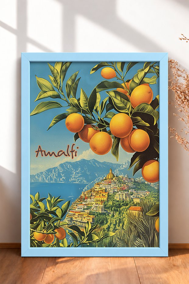 Orange Branches and Amalfi Coast Framed Painting Italy Poster Living Room Kitchen Wall Decor Itp012
