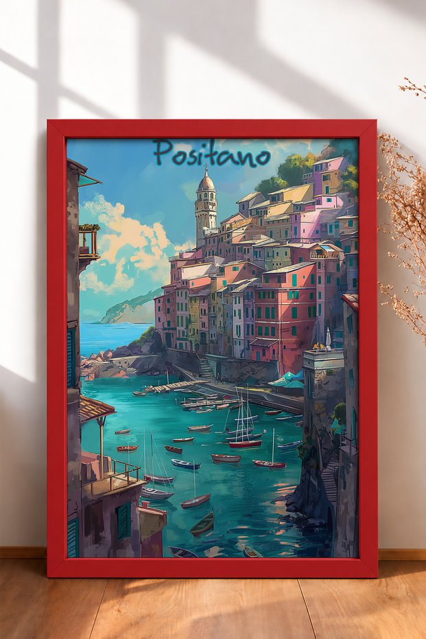 Colorful Boats in Positano Harbor Framed Painting Italy Poster Living Room Kitchen Wall Decor Itp032