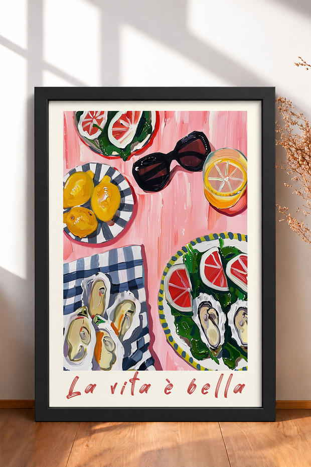 La Vita È Bella Pink Table Oyster Framed Painting Italy Poster Wall Decor Itp022