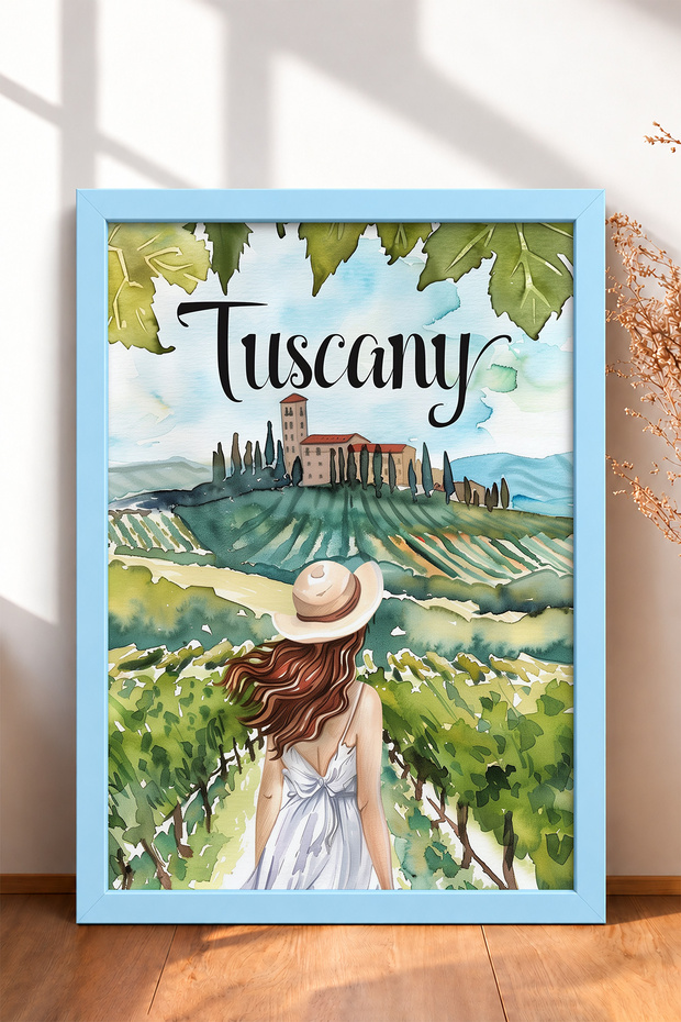 Hatted Woman in Tuscany Countryside Framed Painting Italy Poster Living Room Kitchen Wall Decor Itp031