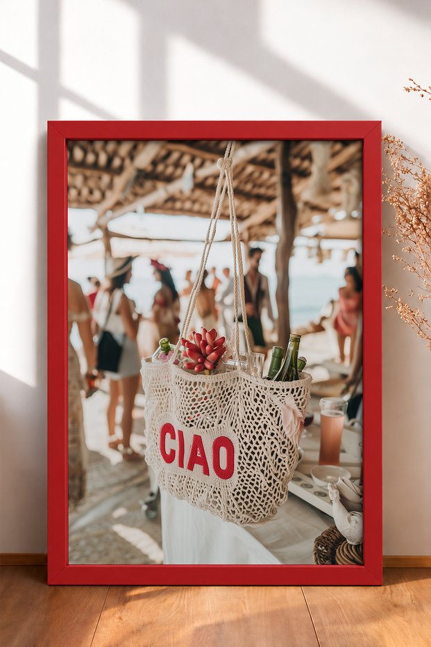 Ciao Written Knitted Bag and Beach Bar Framed Painting Italy Poster Living Room Kitchen Wall Decor Itp019