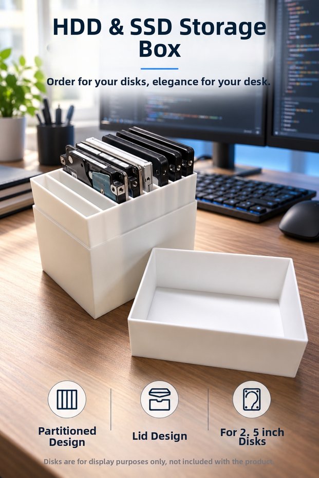 2.5 Inch Hdd Ssd Storage Box with Lid and Compartments Hard Disk Organizer Desktop Disk Organizer White