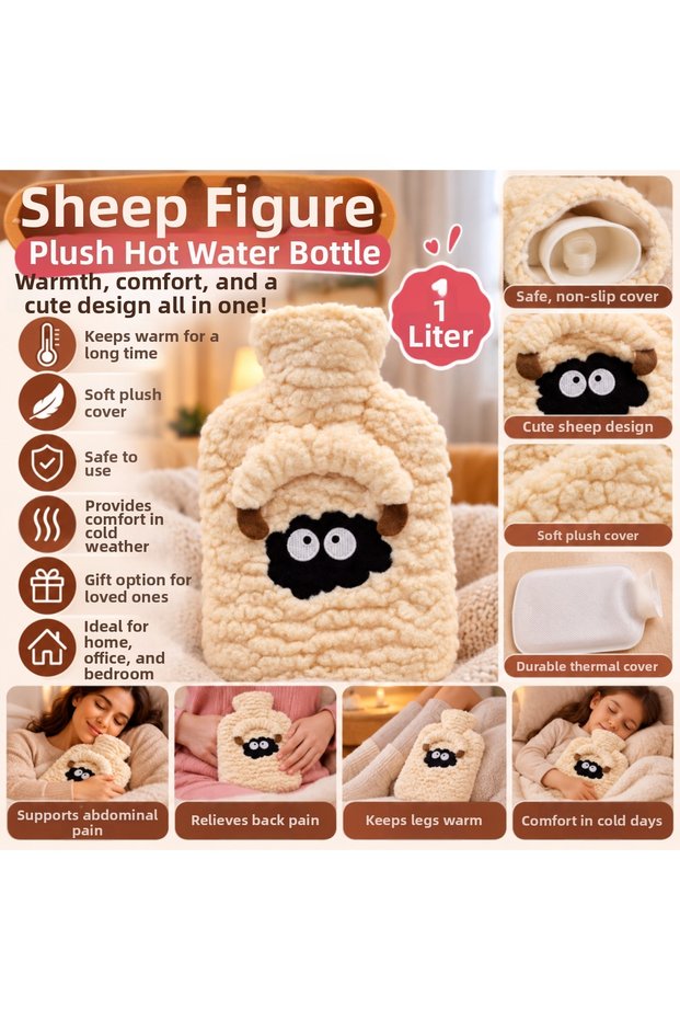 Plush Hot Water Bag with Little Dog Figure 1 Lt – Soft Cover, Long-Lasting Warm Thermal Water Bag