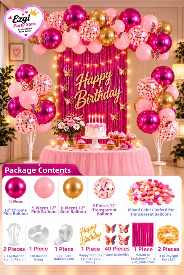 Fairy Led Butterfly Fuchsia Pink Gold Birthday Concept Birthday Celebration Party Set Birthday Decoration Set with Balloons