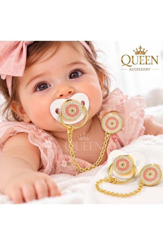 Baby Girl Luxury Design Royal Pink and White Stoned Evil Eye Beads Pacifier and Chain Set Gold Gold