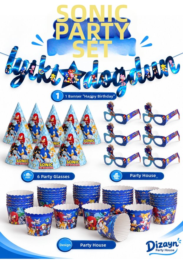 Sonic Themed Birthday Party Set Happy Birthday Banner 8 Hats 6 Glasses 25 Muffin Cups