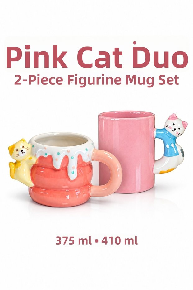 Set of 2 Mugs with Pink Cat Figures, 375 ml and 410 ml