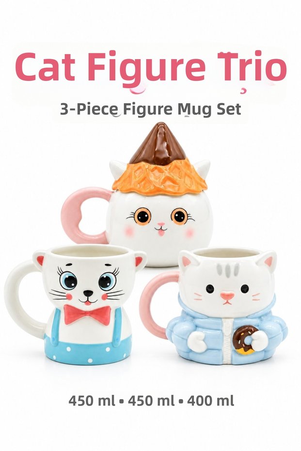 3-Piece Mug Set with Cat Figure, Bow Tie, Hat and Jacket
