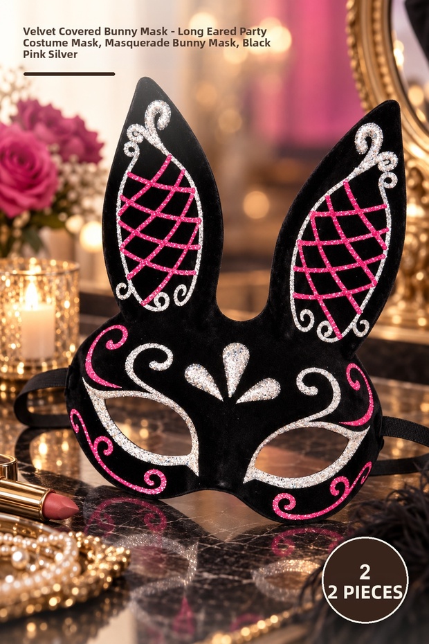 2 Pieces Suede Covered Embroidered Rabbit Mask – Party Costume Mask with Long Ears, Masquerade Bunny Mask, Black Pink Silver