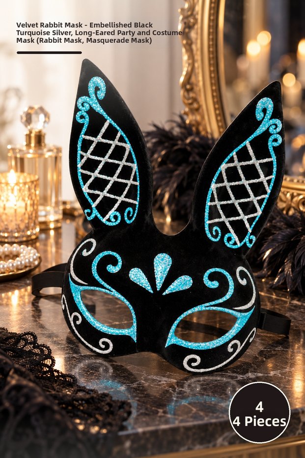 4 Pieces Suede Covered Rabbit Masks – Embroidered Black Turquoise Silver, Long-Eared Party and Costume Mask (Rabbit Mask, Masquerade Mask)