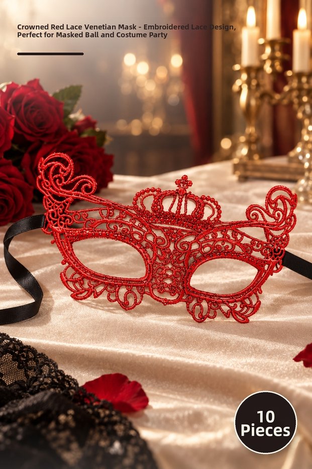 10 Pieces Crowned Red Lace Venetian Mask – Embroidered Lace Design, for Masquerade and Costume Party, Red Lace Venetian Mask