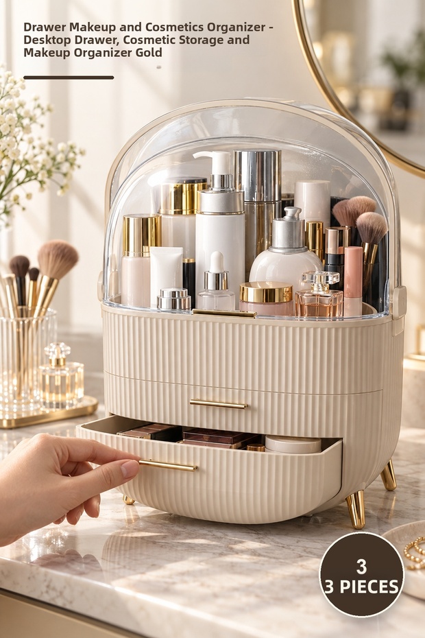 3-Piece Makeup Cosmetic Organizer with Drawers – Desktop Drawer, Cosmetic Storage and Makeup Organizer Gold
