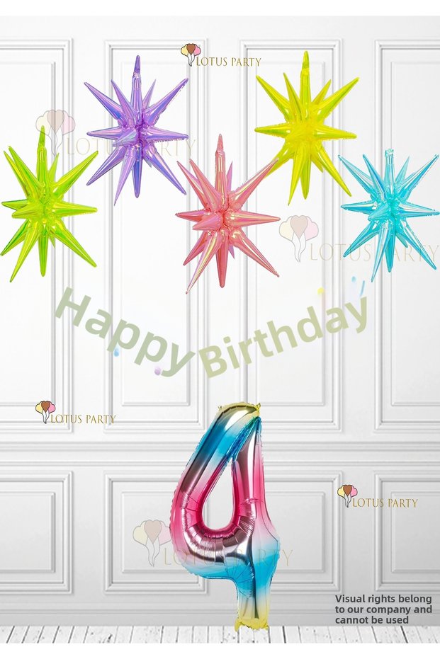 Colorful Hologram Polar Stars - Colorful Polar Stars Balloon - Macaron Happy Birthday Lettering - Rainbow Number Balloon