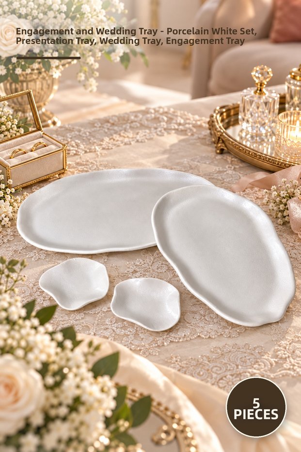 5 Pieces Girl's Proposal and Engagement Tray – Porcelain White Set, Presentation Tray, Engagement Tray