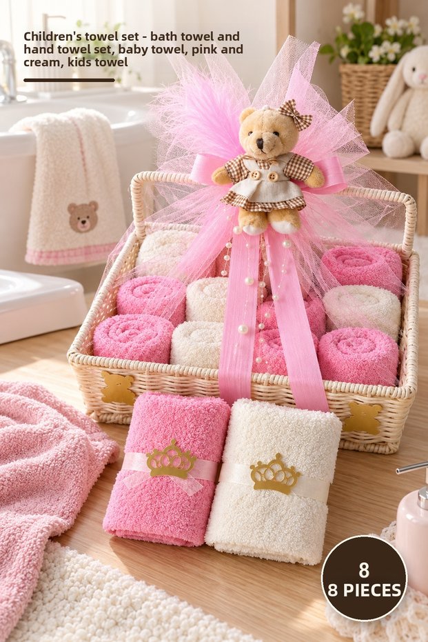 8-Piece Children's Towel Set – Bath Towel and Hand Towel Set, Children's Baby Towel, Pink and Cream, Kids Towel