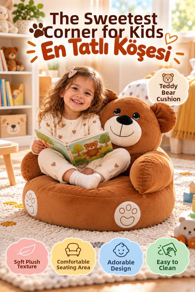 Teddy Bear Plush Cushion 45 cm Brown Children's Seat Soft Sitting Cushion for Play and Reading Corner!