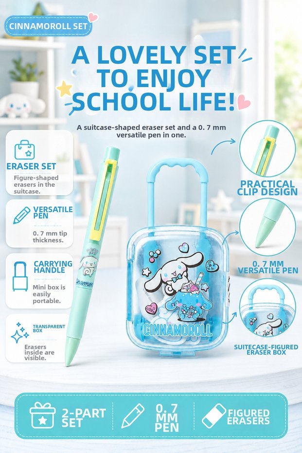 Licensed Figured Versatil Pen 0.7 Tip Pen and Eraser Set School Stationery