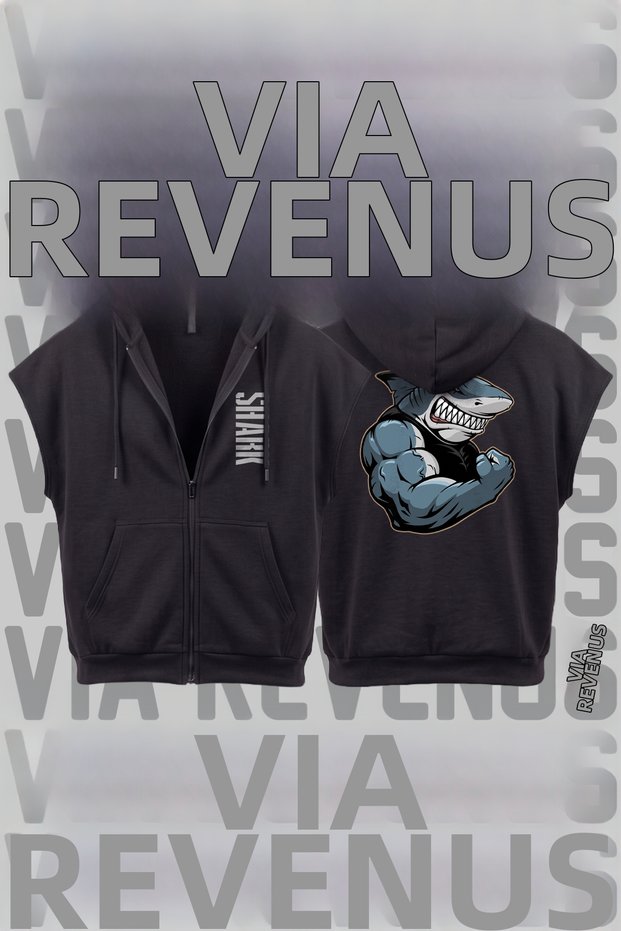 Shark Fitness Gym Printed Sleeveless Zippered Hooded Sweatshirt Wide Fit 3 Thread Raster Sports Vest