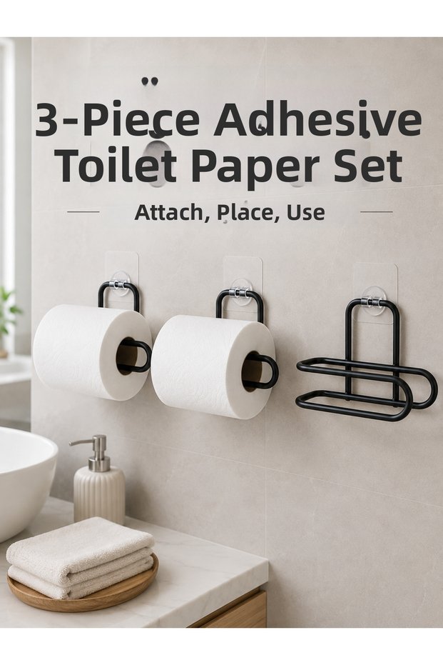 Set of 3 Black Wall-Mounted Paper Holders with Adhesive Practical Roll Holder