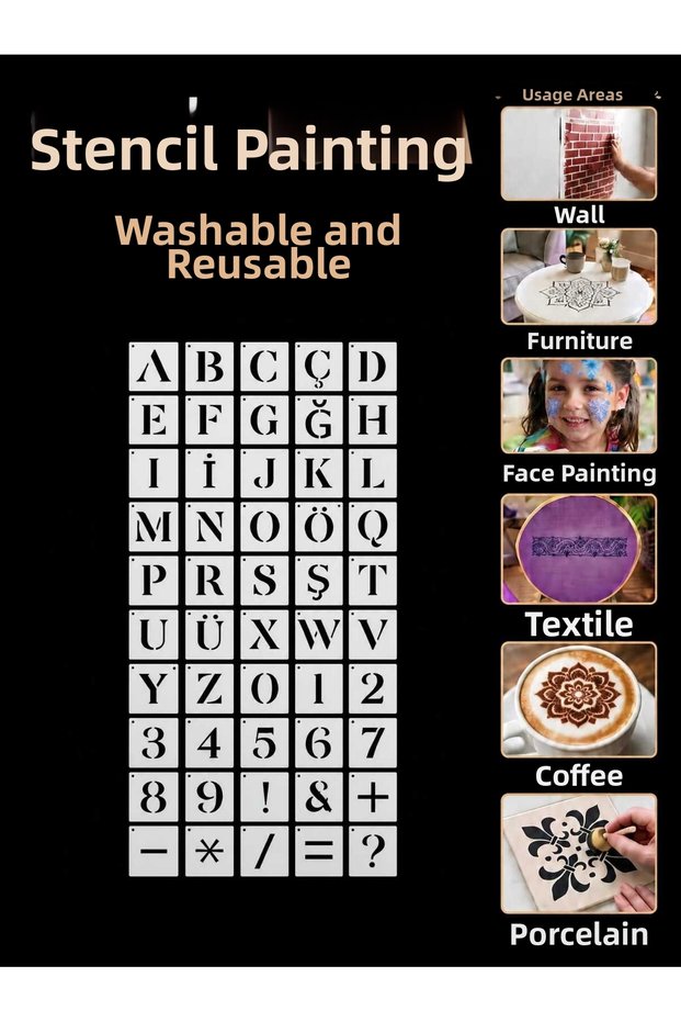 50 Piece Letter Number Symbol Stencil Set – 250 Micron Mylar Turkish Character Wood Fabric Painting Template
