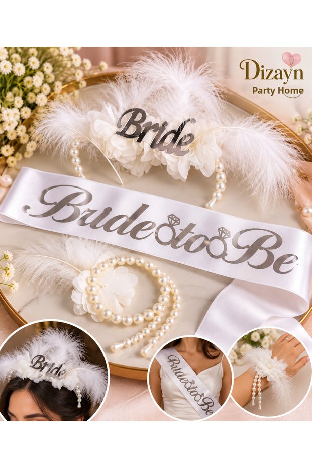 Bride to Be Feathered Floral Pearl Detailed Crown Bracelet and Sash Bachelorette Set 3 Pieces