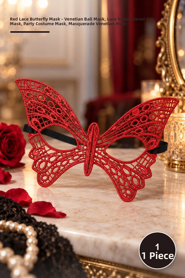 1 Piece Red Lace Butterfly Mask – Venetian Ball Mask, Lace Embroidered Eye Mask, Party Costume Mask, Masquerade Venetian Mask