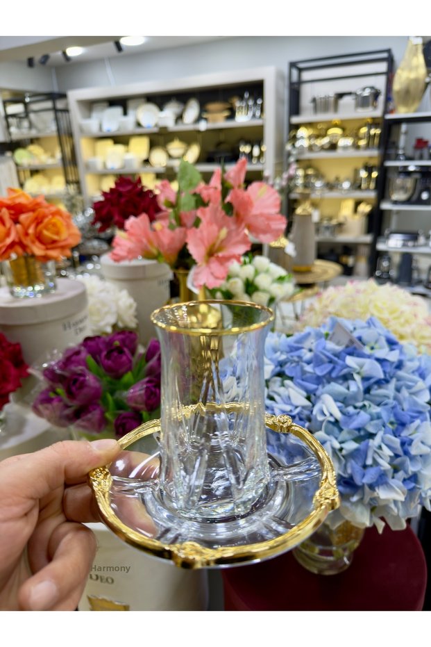 6-Person Glass Gold Color Tea Cup Set 12 Pieces