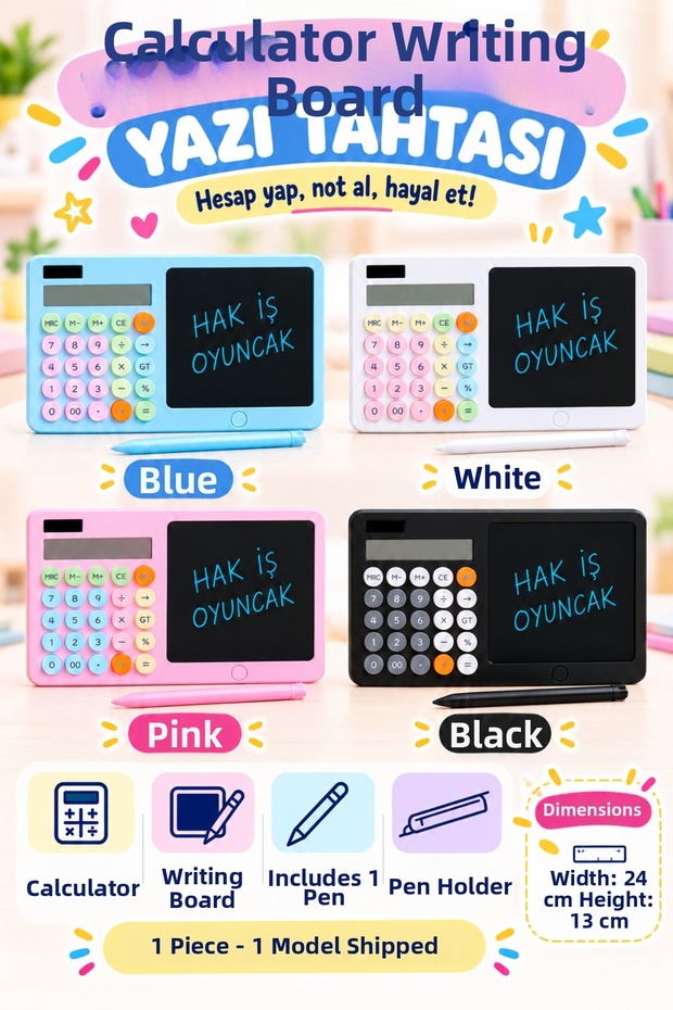 Calculator Writing Board 2-in-1 Erasable Digital Note and Drawing Tablet with Pen 24X13 cm
