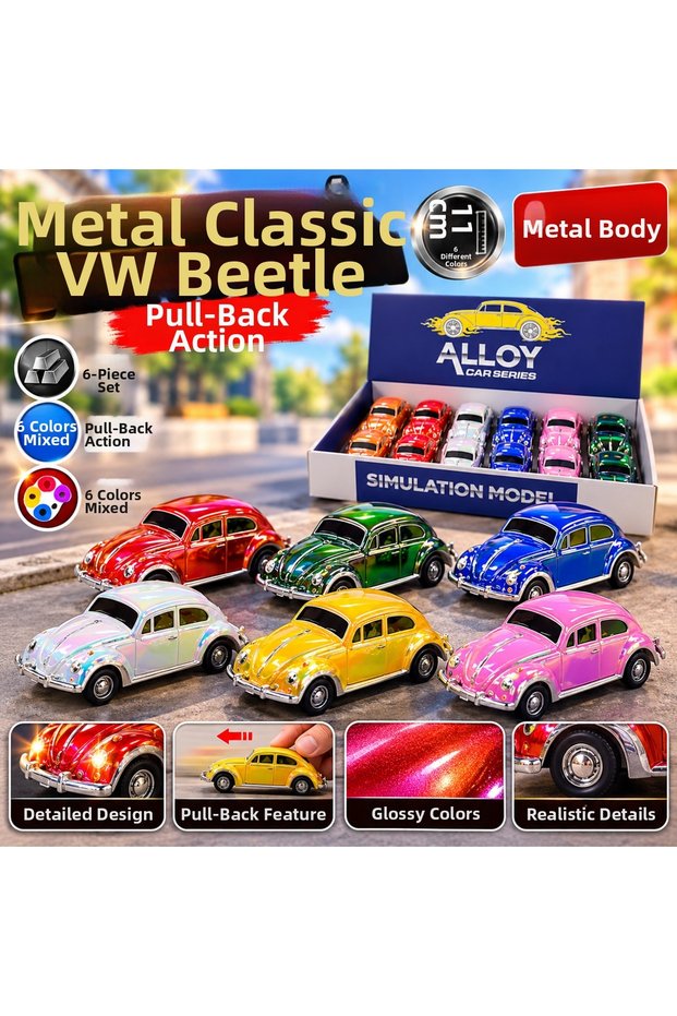 6-Piece Metal Pull-And-Go Vosvos Car Set 11 cm Bright Color Classic Car Toys
