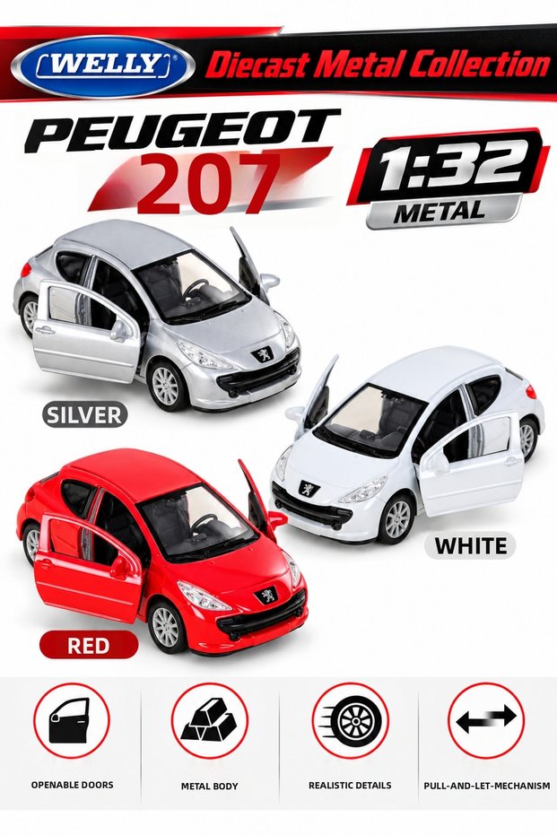 1:32 Peugeot 207 Metal Toy Car with Openable Doors 1 Piece